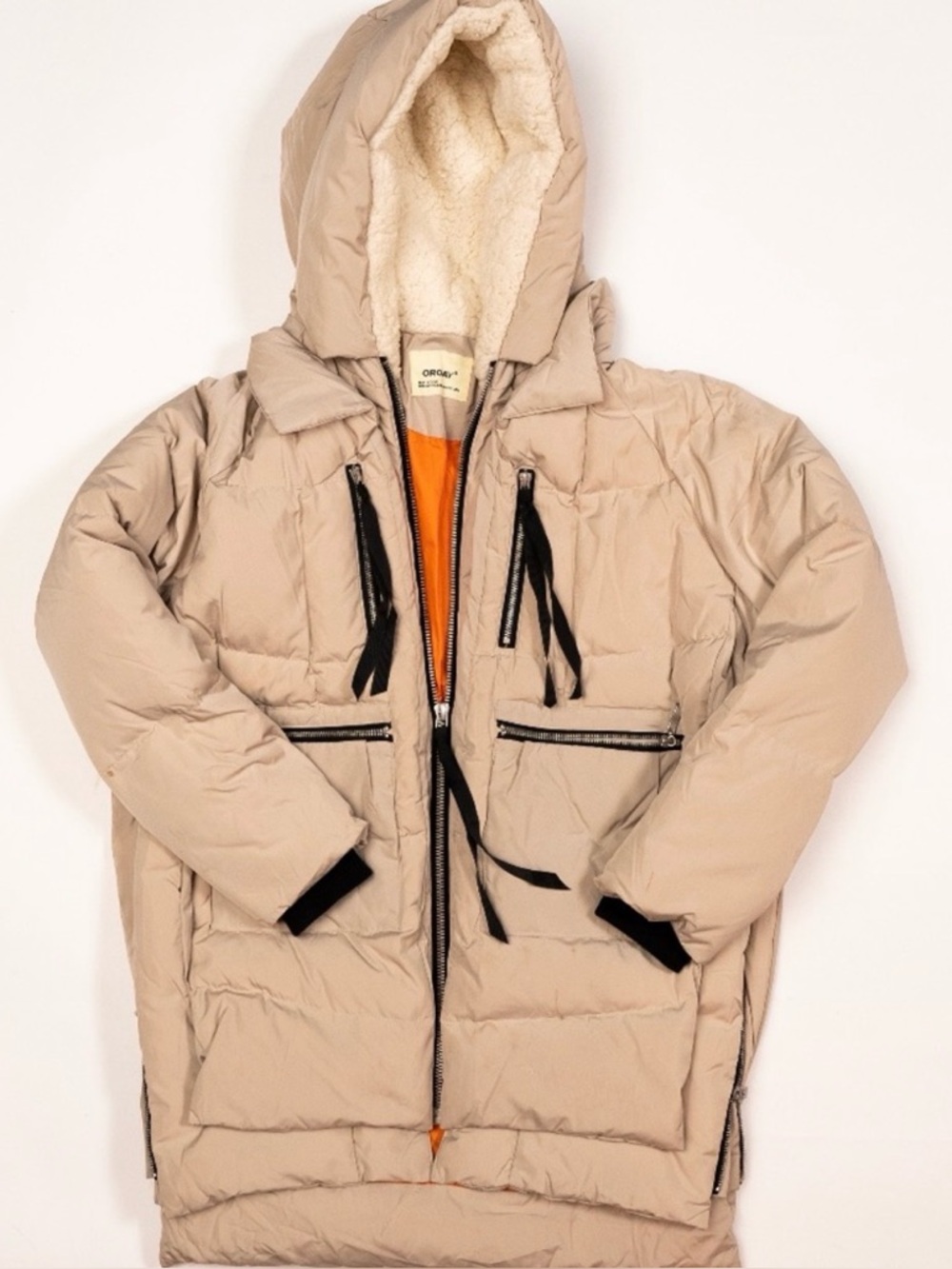 Orolay Beige Puffer Coat Sherpa Hood Expandable Zip Winter Jacket S
